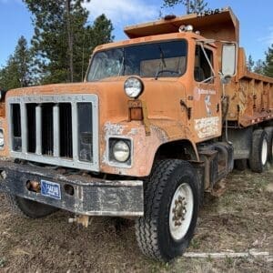 IMG_6525 - Montana Auctions by Kevin Hill Rusty orange dump truck parked on a dirt roadside in a forested area, mud-splattered and weathered.