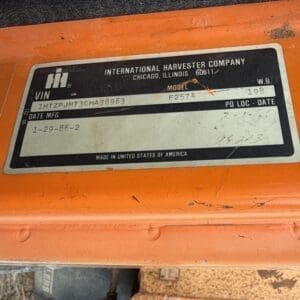 IMG_6533 - Montana Auctions by Kevin Hill Data plate on orange IH equipment: VIN, model, date manufactured (1-29-86-2) from International Harvester Co.