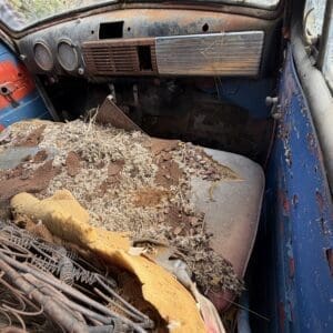 IMG_6582 - Montana Auctions by Kevin Hill Interior of an abandoned, rusted car with a shattered windshield and piled debris on the seat and floor rust and peeling blue panels visible on the doors.
