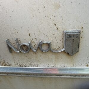 IMG_6606 - Montana Auctions by Kevin Hill Rusty beige car trunk with 'Nova II' script emblem and a Chevy II shield badge.