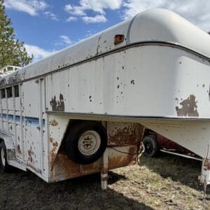 IMG_6850 - Montana Auctions by Kevin Hill Rusty white gooseneck horse trailer on grassy ground with a spare tire underneath and trees in the background.