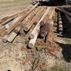 IMG_6892 - Montana Auctions by Kevin Hill Pile of weathered wooden logs and poles stacked on dry ground outdoors.