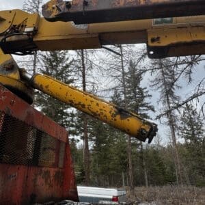 Rusty yellow hydraulic arm of heavy machinery above a red cab, in a burned, forested area with charred ground.