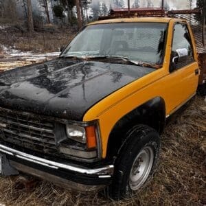 Old yellow and black pickup truck with a rusted hood parked in a snow-dusted field with wood and trees in the background.