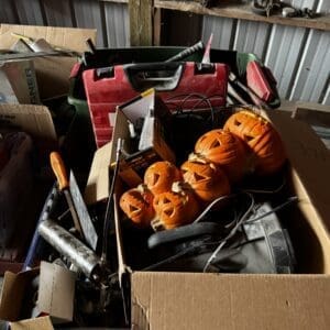 Box of four small carved Halloween pumpkins and assorted tools in a cluttered shed/workspace.