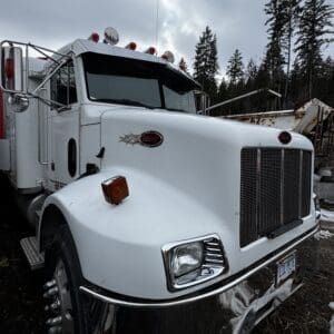 White semi-truck parked outdoors with a large black grille and round headlights, rust-free chrome bumper, and snow on the ground.