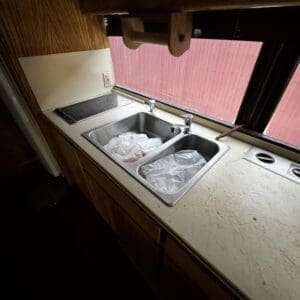 RV kitchen with a double sink; plastic bags filling the basins and a window with a pink fence outside nearby, visible on the counter.