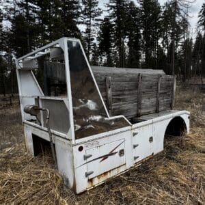 Old, rusty white utility trailer with wooden side panels sitting in a dry grassy field, pine trees in the background.