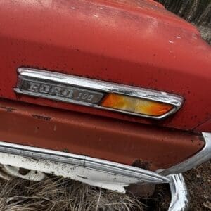 Close-up of a rusty red vintage Ford with chrome trim and an orange turn signal, the bumper shows wear and rust in a grassy area