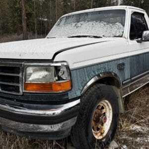 Old white and blue Ford pickup truck with rust and grime, parked in a snowy, overgrown field by trees, hood slightly bent.
