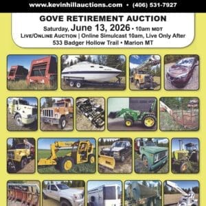 Kevin Hill Auction Service banner advertising the Gove Retirement Auction on June 13, 2026, showing a grid of trucks, boats, tractors and machinery.