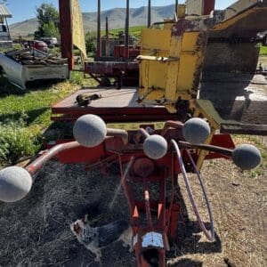 Rusty red and yellow farm equipment parked in a rural yard, with a small fluffy dog at its feet and hills in the background.