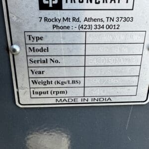 Metal nameplate from Ironcraft machinery showing the company address, phone number, and a two-column spec table with Type, Model, Serial No., Year, Weight, and Input rpm; Made in India.