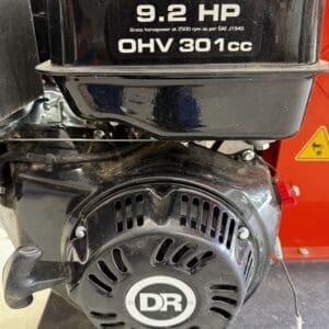 Small gasoline engine with a pull-start handle and a DR logo, labeled 9.2 HP OHV 301cc